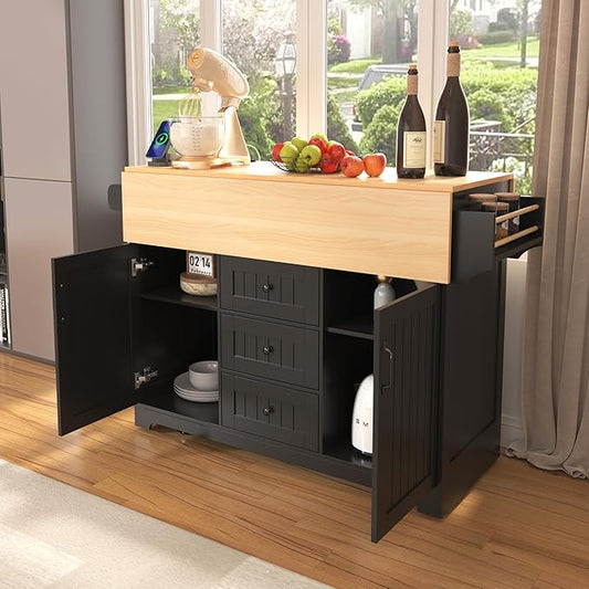55.7'' Large Kitchen Island with 2 Drop Leaf, Rolling Kitchen Cart on 5 Wheels with Power Outlet, Folding Storage Dining Table with Spice and Towel Rack, 3 Drawers for Kitchen, Dining Room (Black-JAB)