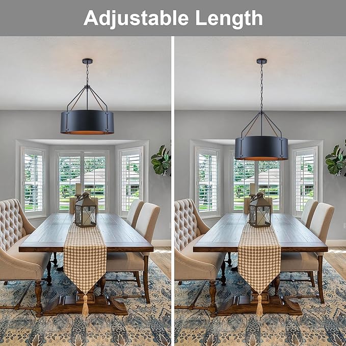 Drum Chandeliers for Dining Room,22 in Black Metal Dining Room Light Fixture Over Table, Industrial Modern Farmhouse Pendant Light for Kitchen,Entryway,Living Room