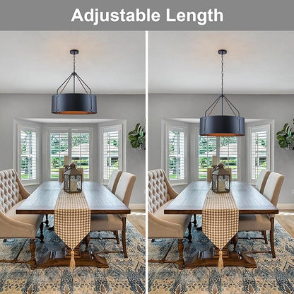 Drum Chandeliers for Dining Room,22 in Black Metal Dining Room Light Fixture Over Table, Industrial Modern Farmhouse Pendant Light for Kitchen,Entryway,Living Room