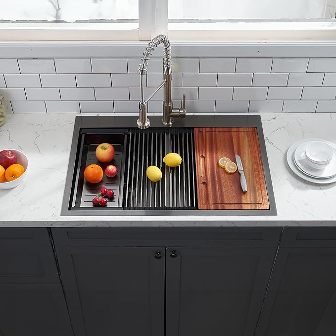 33x22 Double Bowl Kitchen Sink 33 Inch Black, Stainless Steel Drop in Double Basin Kitchen Sink, Topmonut 50/50 Kitchen Sinks Workstation Sink with Accessories