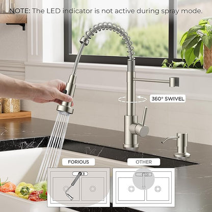 FORIOUS LED Kitchen Sink Faucet, Stainless Steel Brushed Nickel Kitchen Faucet with LED Light Sprayer, Commercial Transitional Single Handle Spring Faucet for Kitchen Sink, Bar & Prep Sinks, RV Camper