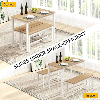 Rovibek 43" Dining Table Benches Set for 4, Modern Space Saving Kitchen Table Chairs & Adjustable Feet Breakfast Table 2 Benches, Wooden Industrial Style Farmhouse, White