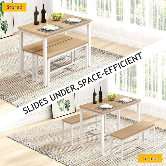 Rovibek 43" Dining Room Table Chairs Set for 4, Modern Space Saving Kitchen Table with 2 Benches & Adjustable Feet Breakfast Table, Wooden Industrial Style Farmhouse, White