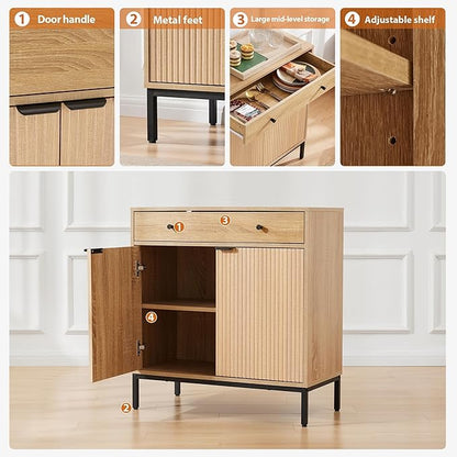 Mericonia Farmhouse Buffet Sideboard Cabinet with Storage, Fluted Coffee Bar with Doors and Adjustable Shelves, Modern Wood Cabinet for Kitchen, Livingroom (Fluted 2 Door, Natural) | with Drawer, Farmhouse, Kitchen Storage, with Doors, Adjustable Shelv...