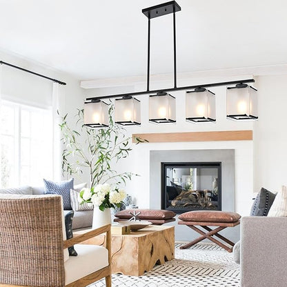 5-Light Blcak Chandeliers for Dining Room, Modern Kitchen Island Lighting with Frosted Glass Shade Linear Pendant Lighting for Dining Table Kitchen Island, Adjustable Height