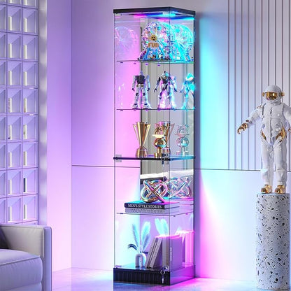 HNEBC 6-Tier Shelf with Glass Door, LED Display Case with RGB Lights& Motion Sensor, Lockable Curio Cabinet for Collectibles,Bookcase,China Cabinet-Black