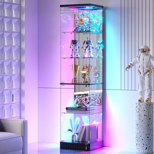 HNEBC 6-Tier Shelf with Glass Door, LED Display Case with RGB Lights& Motion Sensor, Lockable Curio Cabinet for Collectibles,Bookcase,China Cabinet-Black