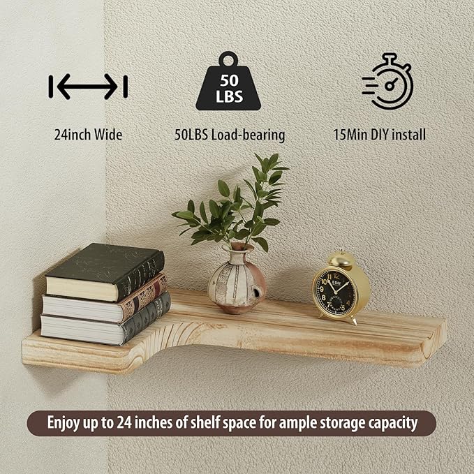 SAUMONIERES Corner Floating Shelves 24 Inch Wall Mount Shelf Solid Wood for Bedroom Bathroom Kitchen Storage Set of 2, Rustic Torched
