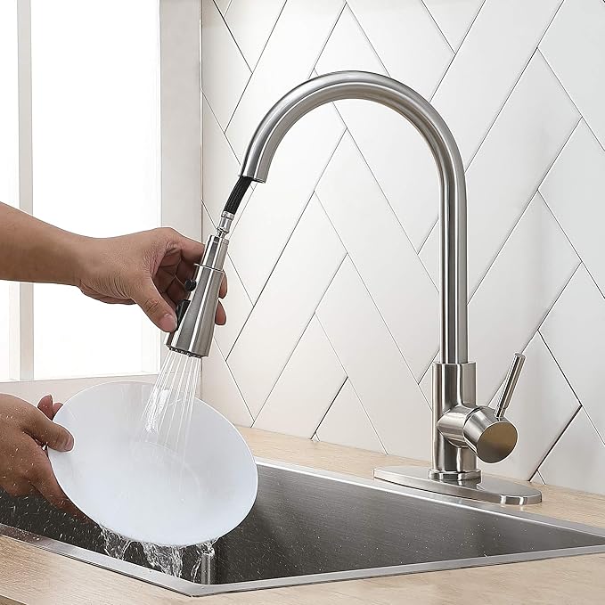 IKEBANA Kitchen Faucet, Brushed Nickel Kitchen Sink Faucet with Pull Down Sprayer, High Arc Single Handle Stainless Steel Pull Out Faucet for Kitchen Sink