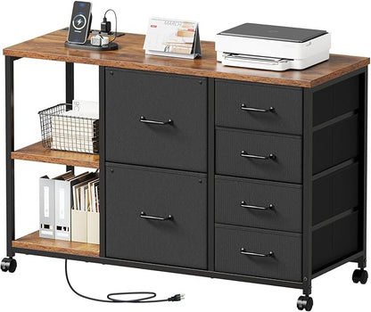 Maihail 6 Drawer File Cabinet with Charging Station Rolling Printer Stand with Open Storage Shelf Fabric Lateral Filing Cabinet for Home Office,Rustic Brown