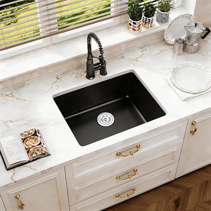 Kitsitchen Black Undermount Kitchen Sink, 23" x 18" Black Granite Composite Kitchen Sink with Drain Assembly & Bottom Gird, Small Quartz Stone Kitchen Sinks with Round Corner