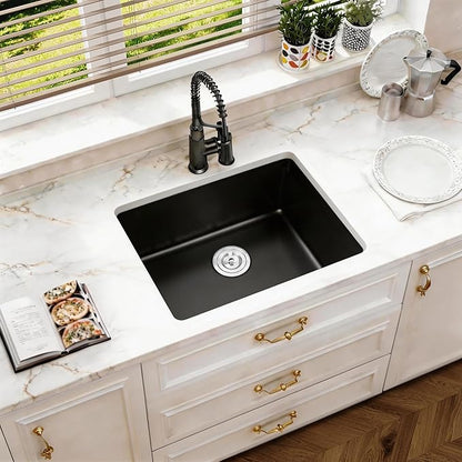 Kitsitchen Black Undermount Kitchen Sink, 23" x 18" Black Granite Composite Kitchen Sink with Drain Assembly & Bottom Gird, Small Quartz Stone Kitchen Sinks with Round Corner