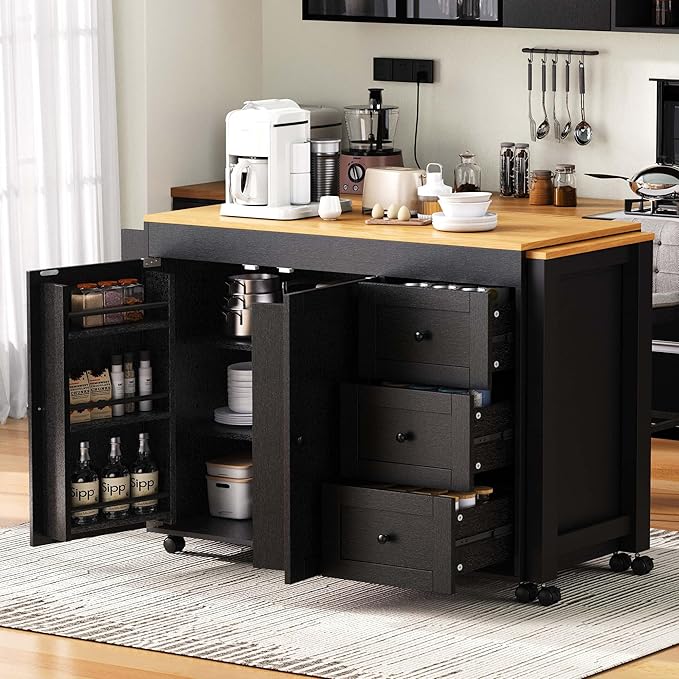 GOWE K&K 74.8" Kitchen Island with Extendable Dining Table, Kitchen Storage Cart with 3 Drawers, Power Outlet, Rolling Kitchen Island on Wheels with Spice Rack and 2 Door Cabinet, for Kitchen, Black