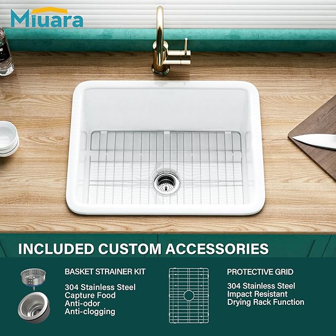 Miuara White Undermount Kitchen Sink 24 Inch - Small Topmount Fireclay Bar Sink Drop In 24"x19"x11", Dual Mount Deep Single Bowl, w 2 Accessories, Glossy White, for Kitchen & Laundry & Small Space