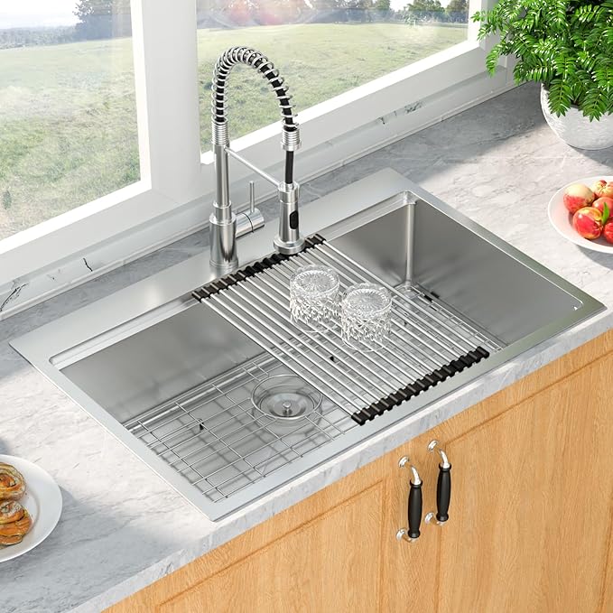 Mocoloo 33 x 22 Inch Drop In Kitchen Sink - 33 Inch Topmount Kitchen Sinks Stainless Steel 16 Gauge Single Bowl Top Mount Handmade Workstation Sink, 10'' Deep Basin Modern