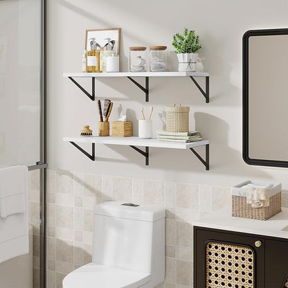 Acovy Floating Shelf for Wall,32" WX10 D Wood Floating Shelves with Sturdy Metal Bracket Set of 2,Wall Mounted Hanging Shelf for Bathroom,Bedroom,Kitchen,White