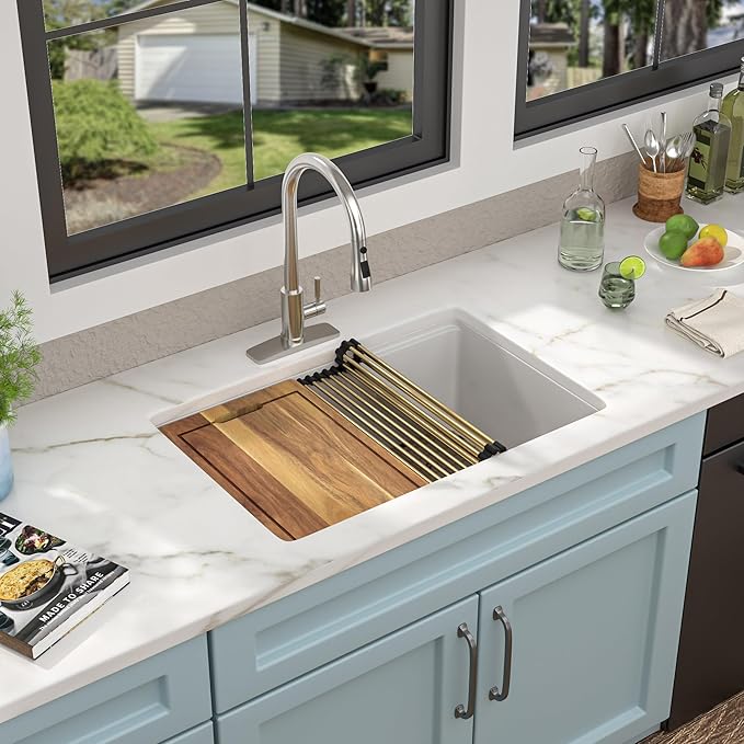 28 Granite Composite Kitchen Sink - Fulorni 28"x19" Granite Kitchen Sink White Undermount Ledge Workstation Quartz Classic Luxury Under Counter Single Bowl Sink Basin