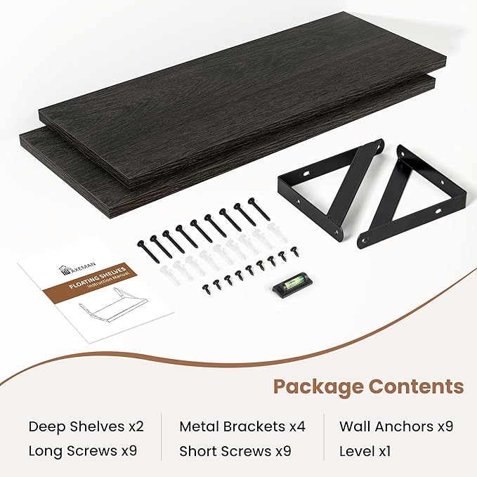 Axeman 20 Inch Floating Shelves | 8 Inch Deep Black Wall Shelves Set of 2 | 20''W x 8''D Black Wood Shelves for Bathroom Living Room Bedroom Kitchen