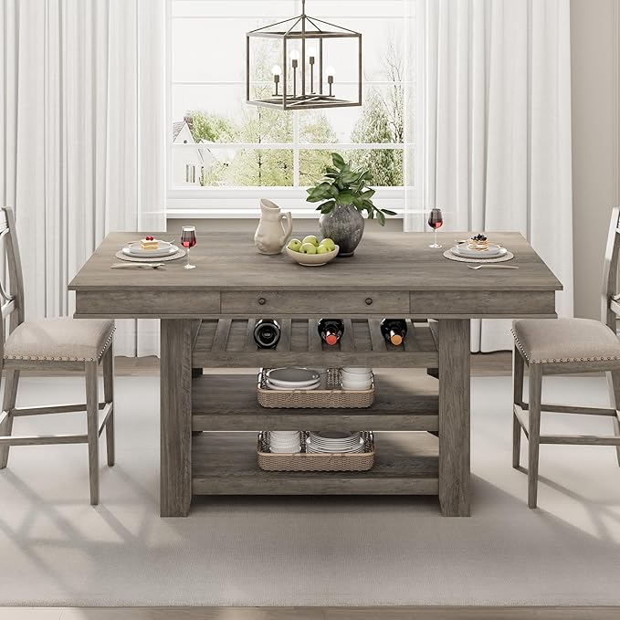 IDEALHOUSE 60" Wood Dining Table for 4-6, Counter Height Kitchen Table with Wine Rack and 2 Drawers, Open Shelves and Sturdy Legs, 4-Tier Stationary Kitchen Island for Dining Room and Kitchen