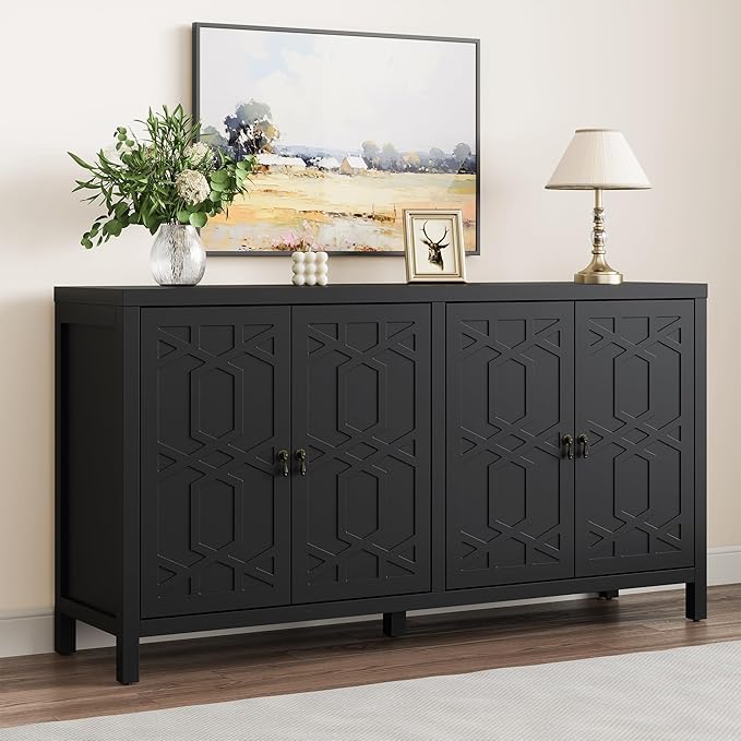 RoyalCraft Buffet Cabinet with Storage, 60" W Modern Coffee Bar Sideboard with 4 Doors & Adjustable Shelves, Painted Wooden Credenza for Dining Room, Kitchen, Living Room, Entryway, Black