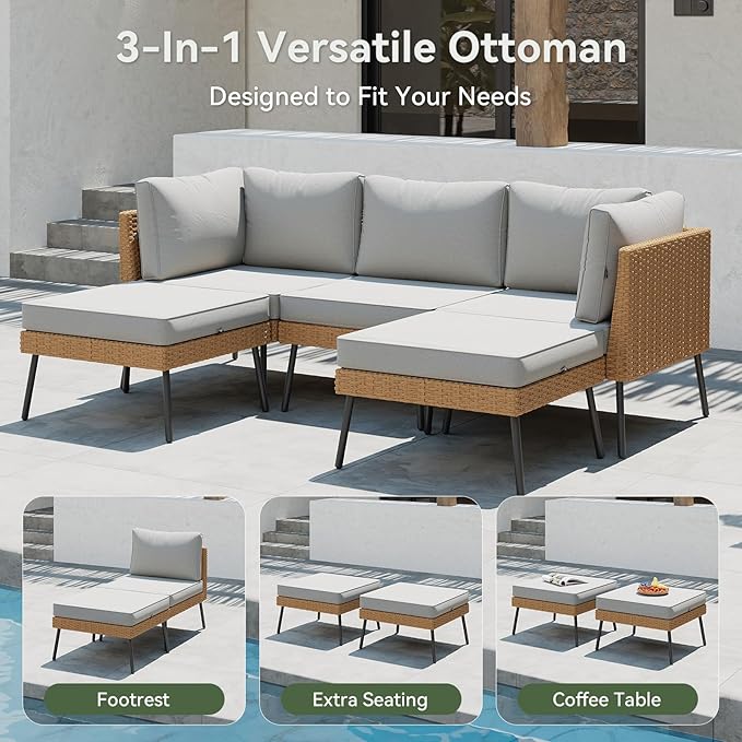 Aoxun 6 Piece Patio Furniture Set, 6 Seats Outdoor Sectional Sofas with Thick Cushion, Wicker Outdoor Patio Furniture Set with Ottomans for Party, Garden, Backyard, Grey