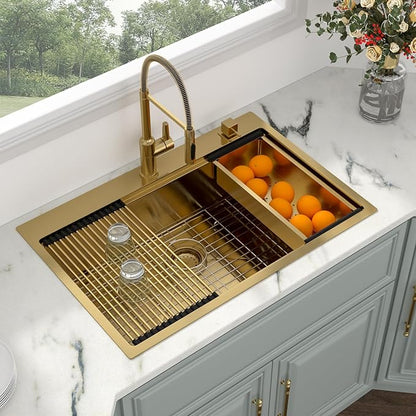 36 Inch Gold Kitchen Sink Workstation-Kichae 36x22 Drop In Kitchen Sinks 16 Gauge Stainless Steel Brushed Gold Single Bowl Large Handmade Basin with Cutting Board