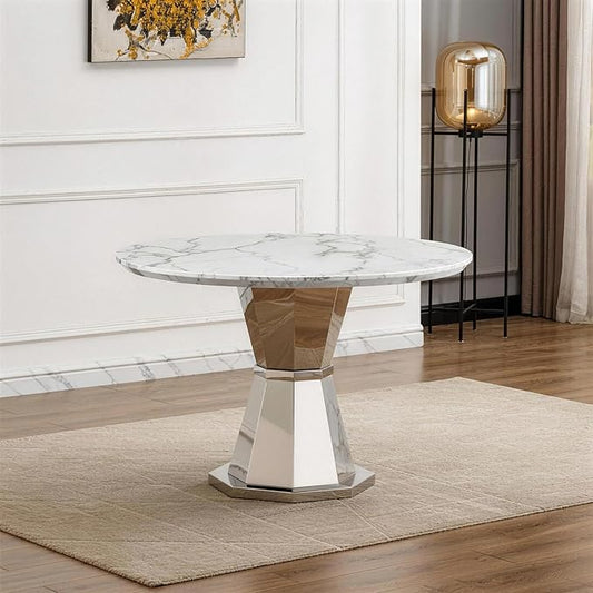 47" Round Marble Dining Table for 4-6, Luxury Modern Kitchen Table with Marble Grain MDF tabletop & Silver Mirrored Stainless Steel Pedestal Base, White Stone Dinner Table for Dining Room (Table Only)