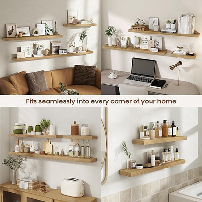 Acovy 16 Inch Floating Shelves for Wall 2 Pack, 16" Wall Shelves for Books, Storage, Decor, Wall Mounted Floating Shelf with Invisible Brackets for Kitchen, Living Room, Light Brown
