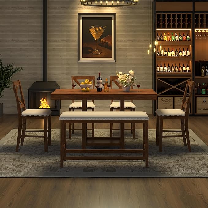 Solid Wood Counter Height Dining Table Set for 6, Expandable Bar Table with 4 Chairs and a Bench, Farmhouse Kitchen Table Set with 2-Tier Storage Shelves for Dinning Room Living Room (Brown-4.9)