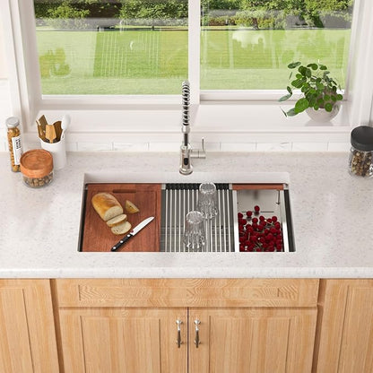 Lordear 33 Inch Stainless Steel Double Bowl Kitchen Sinks16 Gauge T304 Undermount Kitchen Sinks Workstation Sink 60/40 Low Divide Handmade Kitchen Sink 33" x19" x10"