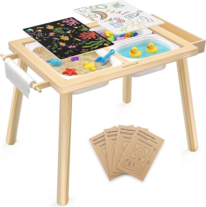 Easyego Wooden Sensory Table – Multifunctional Sand & Water Table with Double-Sided Lid, Paper Roll, Storage Box, Transparent & Game Board, and Foldable Bins for Kids' Indoor & Outdoor Play