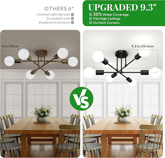 Modern Sputnik Chandelier Ceiling Light Fixtures, 6-Lights 22” Mid Century Industrial Metal Semi Flush Mount for Dining Room, Bedroom, Living Room, 6 Globe Bulbs