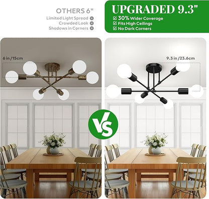 Modern Sputnik Chandelier Ceiling Light Fixtures, 6-Lights 22” Mid Century Industrial Metal Semi Flush Mount for Dining Room, Bedroom, Living Room, 6 Globe Bulbs