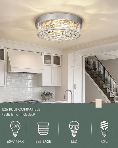 12" Flush Mount Ceiling Light, Brushed Nickel Finish, Hammered Glass Shade, Modern Farmhouse Style for Bedroom, Living Room, Dining – CKCL4822-2W-HGBN