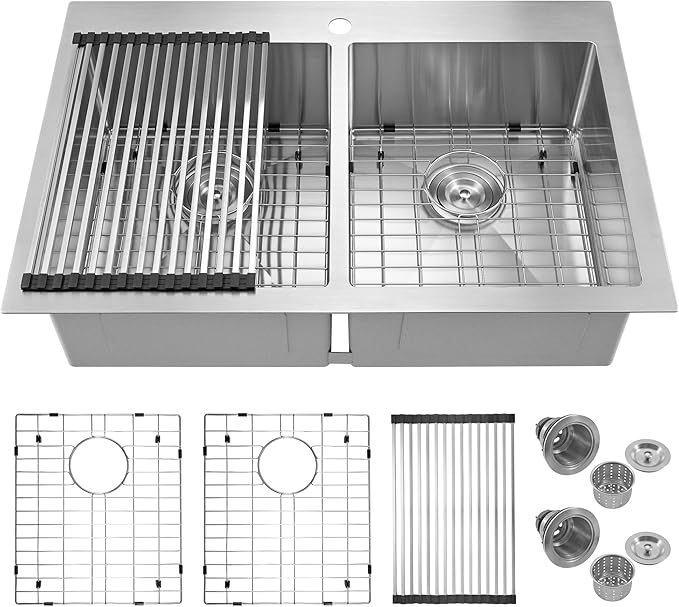 Rhbamoa Double Bowl Drop In Kitchen Sink 33x22,16-Gauge T304 Stainless Steel Topmount Kitchen Sink,50/50 Double Bowl Kitchen Sinks,Deep Sinks with All Accessories, Brushed Finish