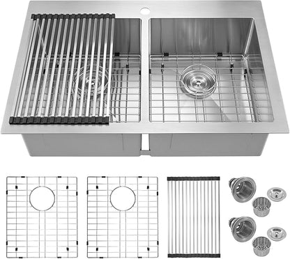 Rhbamoa Double Bowl Drop In Kitchen Sink 33x22,16-Gauge T304 Stainless Steel Topmount Kitchen Sink,50/50 Double Bowl Kitchen Sinks,Deep Sinks with All Accessories, Brushed Finish