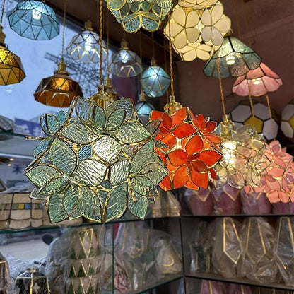 Glass Flower Pendant Lights Floral Petal Light Fixture Modern Hanging Lamp 7 Inch Mini Pendant Lighting for Kitchen Island - Green Textured Glass Shade