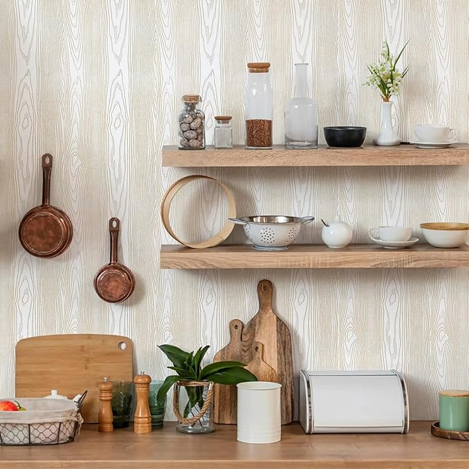Yun-aeon White and Gold Wood Contact Paper 17.3"x200" Rustic Wooden Peel and Stick Wallpaper Removable Self-Adhesive Wallpaper Wood Grain Contact Paper for Countertops Cabinets