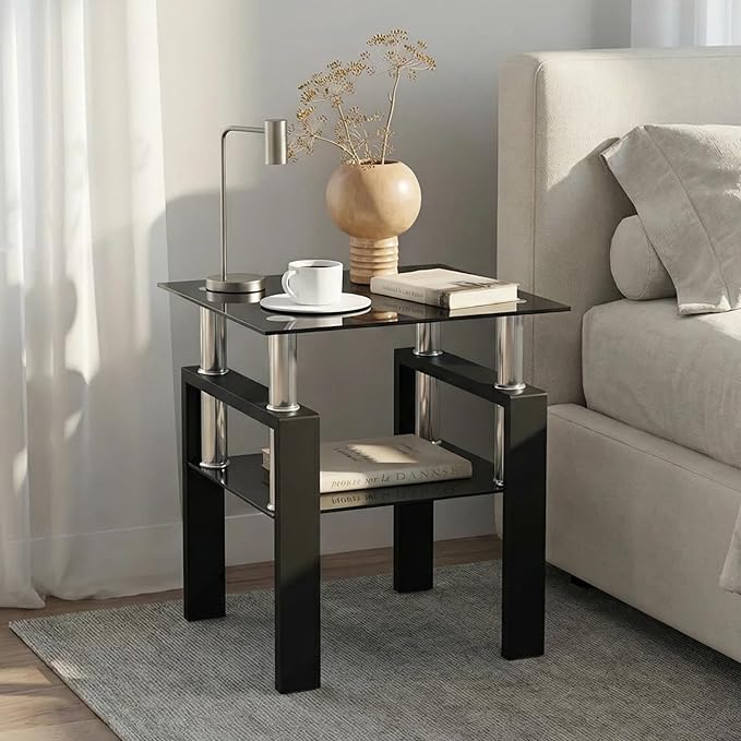 IANIYA Modern Glass Side Table, 2-Tier End Table with Tempered Glass Top & Metal Legs, Night Stand Corner Small Table for Living Room, Bedroom, Small Space All Black