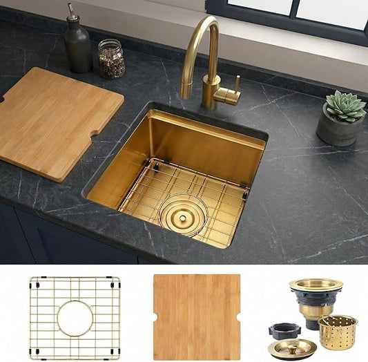 Kitsitchen Gold Bar Sink Undermount, 16 Guage Stainless Steel Workstation Sinks with Accessories, 15 Inch Small Kitchen Sink for RV, Outdoor, Wetbar, Pre-Bar