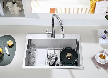 MENATT 24x18 Inch Drop in Kitchen Sink, 304 Stainless Steel Single Bowl with Bottom Grid Mat & X-Shape Drain, 9" Deep Compact Sink for Small Kitchen, Apartment, Wet Bar, Office Pantry, Laundry Room