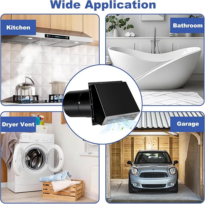 6 Inch Hooded Wall Vent with Screen and Damper, Wall Exhaust Vent Cover, 6 Inch Range Hood Wall Vent Cap, Outdoor Hooded Wall Vent for Dryer Vent, Range Hood, Kitchen, Black