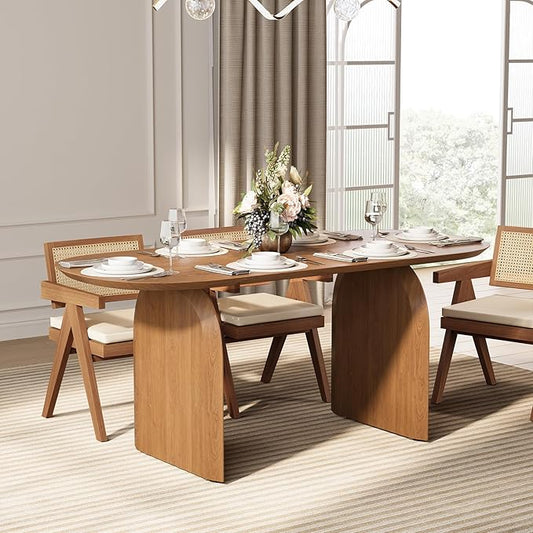 homary Japandi Oval Dining Table for 4, 59.1 Inch Solid Pine Wood Kitchen Table, Modern Mid Century Minimalist Kitchen & Dining Room Table, Double Pedestal Base, Walnut