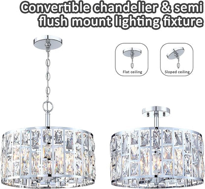 MEXO Farmhouse Crystal Convertible Chandelier and Semi Flush Mount Lighting Chrome Cylinder Drum Shade Pendant for Kitchen Island Dining Room Bedroom Hallway