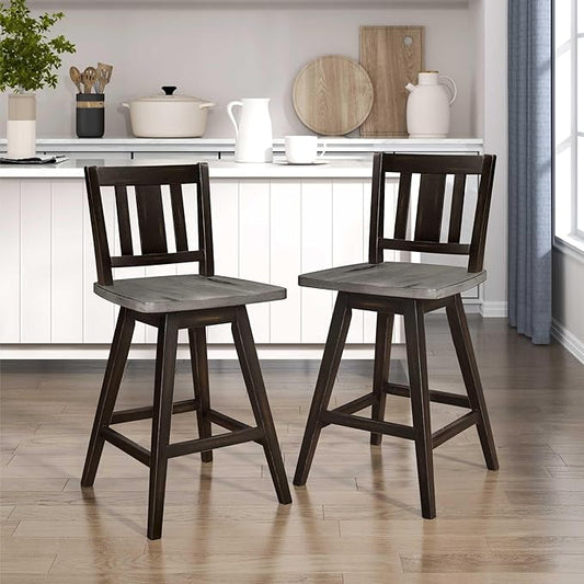 Lexicon Counter Height Stools Set of 2-Solid Wood Frame 360° Swivel Wooden Stools, Foot Rest, Slat Back, Wide Seat, Distressed Farmhouse Easy to Clean Finish, 24" SH, Antique Black/Grey