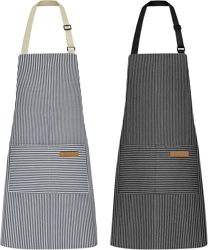NLUS 2 Pcs Kitchen Cooking Aprons, Poly/Cotton Blend Adjustable Soft Bib Stripe Aprons with 2 Pockets for Women Men Chef (Blue Pinstripes/Black Pinstripes)