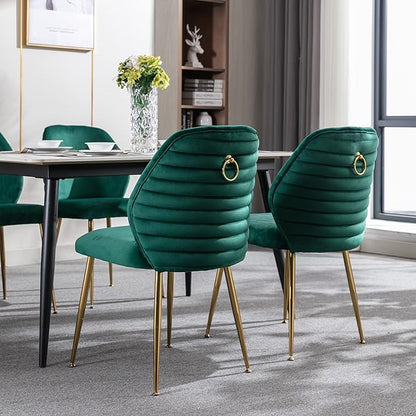 Modern Velvet Dining Chairs Set of 2, Woven Accent Kitchen Chairs with 4 Sturdy Golden Metal Legs, Luxurious Armless Side Chair with Ring for Indoor, Kitchen Island , Dining Room, Living Room (Green)
