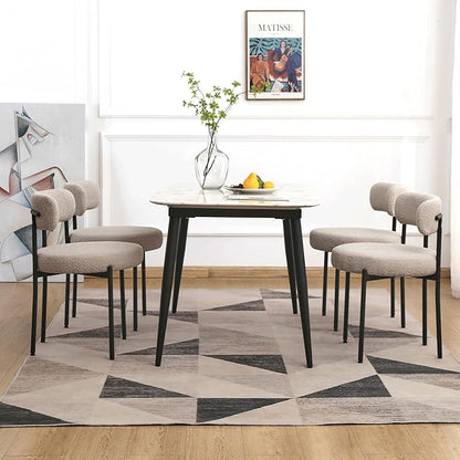 EDWELL Boucle Dining Chairs Set of 4, Modern Dining Room Chairs with Thick Cushions, Round Upholstered Kitchen Chairs with Black Metal Legs for Dining Room, Kitchen, Living Room, Grey