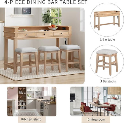 4-Piece Counter High Bar Table Set with Drawers & Charging Station,Counter Height Dining Table Set with Rectangle Table & 3 Upholstered Chairs,Retro Dinette sets for Breakfast Nook,Small Place,Natural