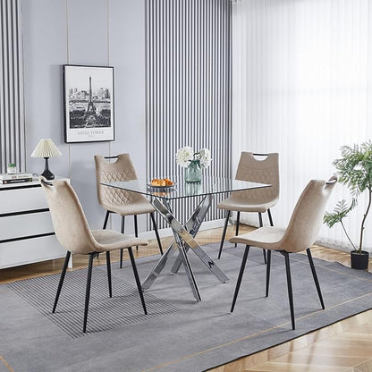 36" Square Dining Table for 2 3 4 People, Modern Dining Table with Silver Chrome Metal X-Shaped Legs, Small Glass Kitchen Tables Family Dinner Tables for Home Office Living Room